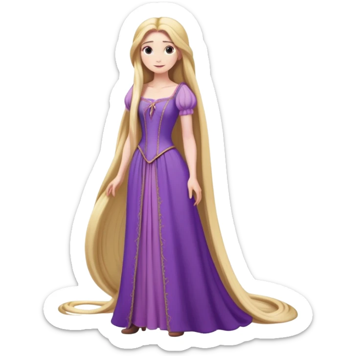 full body Rapunzel with purple dress, extremely long blonde hair, minimal style sticker