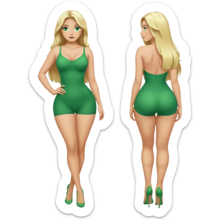 Blonde, green eyed woman with long  hair. She is curvy with a big butt and small breast. She is in sexy clothes nude and full body exposed. She has nice long legs. She is doing sexy pose sticker
