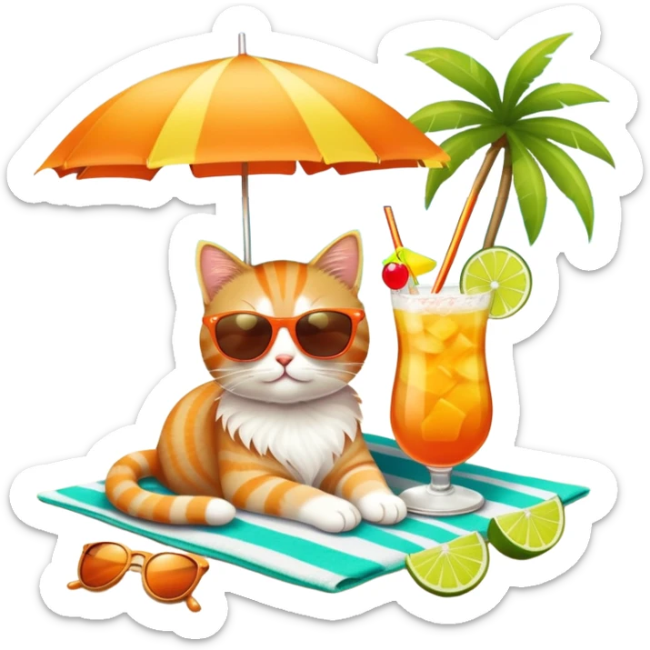 Cute cat on beach towel with a tropical mai tai drink and sunglasses sticker