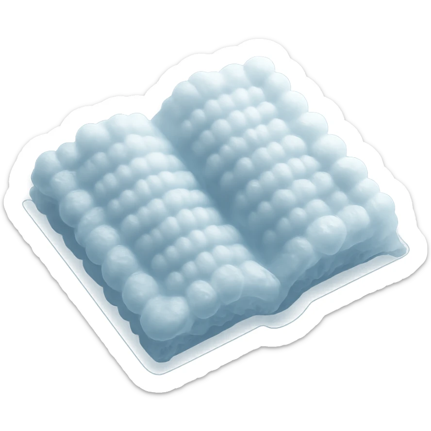 top view of a thick open book made entirely of small, very bright white fluffy convex clouds, matte glass style sticker