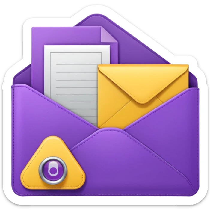 simple, minimalistic yellow (hex#FFD008) and purple (hex#8C52FF) icons of a pin, a working case, a folder, a magnifier, an email, an envelope sticker
