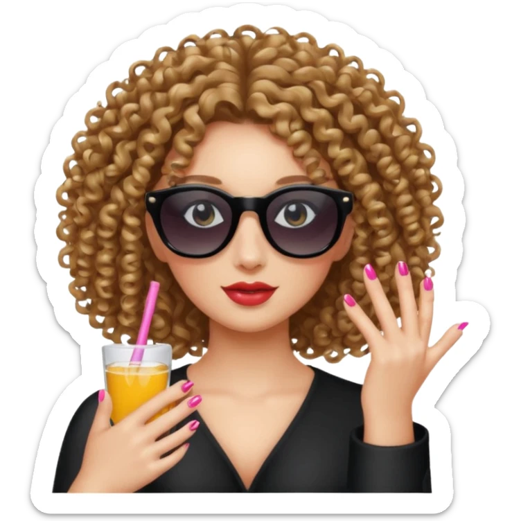 a curly hair girl with sunglasses and acrylic nails  sticker