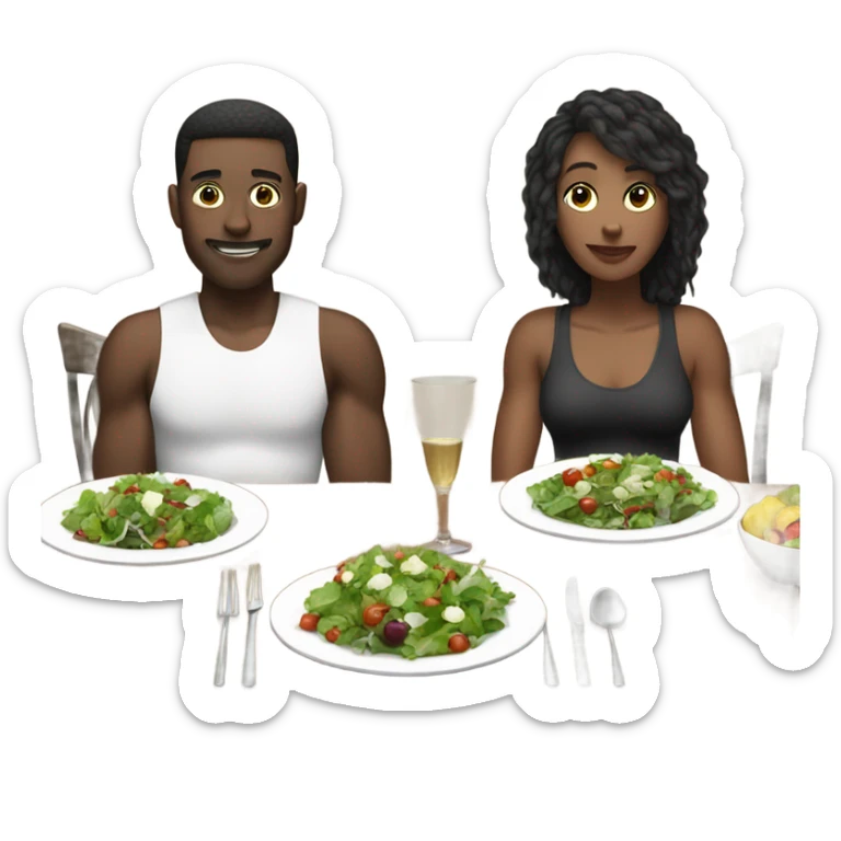 emoji Sporty white couple, man and woman in sportswear, sitting at Christmas festive dinner table only salads. behind them is a Christmas tree sticker