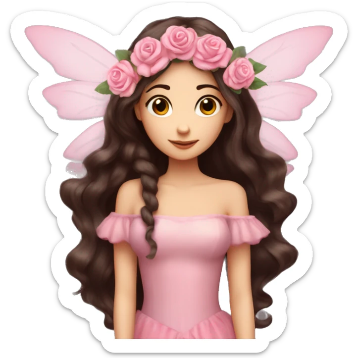 Beautiful, rose, fairy, pink, flowers in hair, long dark brown hair, big wings, fair skin sticker