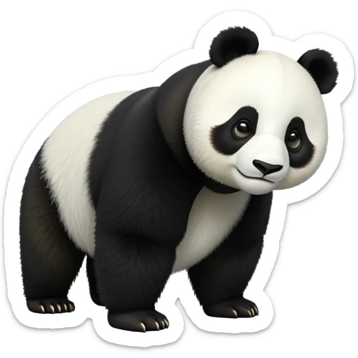 cinematic-[panda bear]-realistic-full-body-standing on all fours-emoji,-tail-tucked-close,-head-tilted-dramatically,-thick-[black and white]-fur,-simplified-yet-realistic-focused-features,-highly-detailed,-glowing-with-an-almost-sarcastic-glow sticker