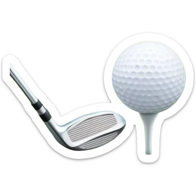A golf ball on a tee, with a golf club placed beside it on the lush green fairway. The background shows a serene golf course with neatly trimmed grass and a clear blue sky, emphasizing the elegance and precision of the game. sticker