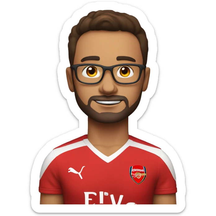 man. mid 30 age, arsenal shirt all red, glasses, short brown hair, no facial hair,  arms up sticker