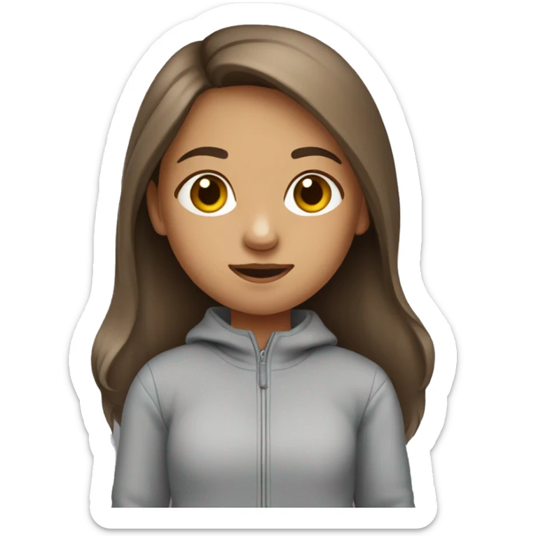 Small girl carrying a phone wearing a grey tracksuit with long brown hair sticker