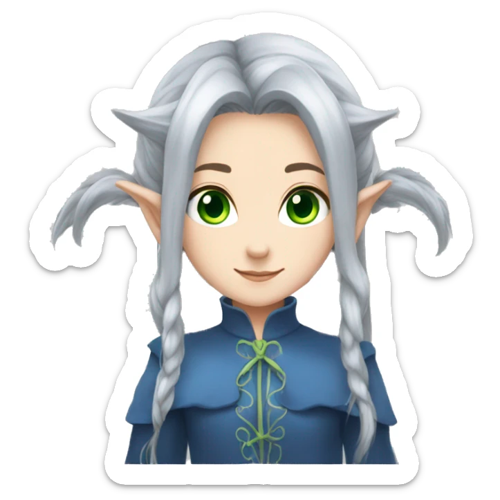 Frieren, grey_hair, twintails, elf, pointy_ears, long_hair, green_eyes, blue_eyes sticker
