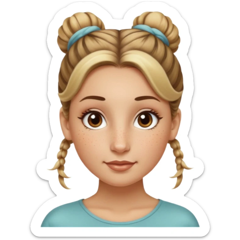 creative women with long dark Blond with highlights semi curly hair white women with hair in a top bun(one bun not two), oval shape face hazel eyes long lashes freckles on the nose high cheek bones sticker