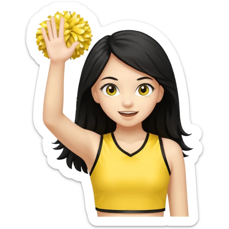 A long black hair teen girl waving pom-poms, eyes sparkling with excitement, yellow cheer leader top sticker