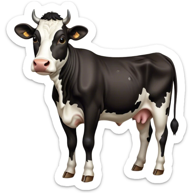 Cinematic Noble Black and White Cow Portrait Emoji, Poised and regal, with a large, sturdy build and a striking, well-groomed coat of pure black accented by crisp white patches, deep-set soulful brown eyes, Simplified yet sharp and sophisticated features, highly detailed, glowing with a soft, dignified glow, high shine, intelligent and calm, stylized with an air of modern elegance, focused and attentive, soft glowing outline, capturing the essence of a watchful and confident bovine guardian, so majestic it feels as though it could stride out of the screen with effortless authority! sticker