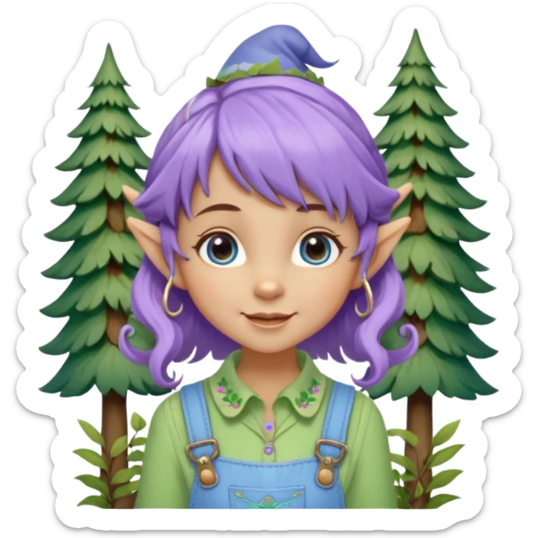 Kind happy whimsical quirky Girl toymaker, wood carving elf. Woodland nature creator. Blue eyes. Short bob, brown wavy hair with bangs. Whimsical playful cute. Overalls with nature embroidered cute shirt collar. Light green, light purple and light blue colour aesthetic  sticker