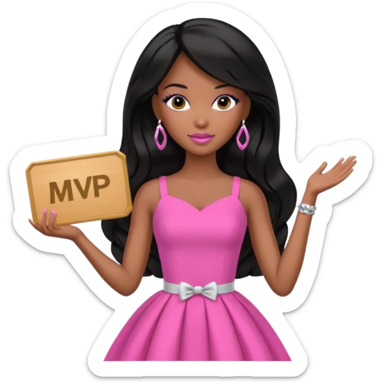Black barbie, long black  hair, pink dress holding mvp sign  sticker