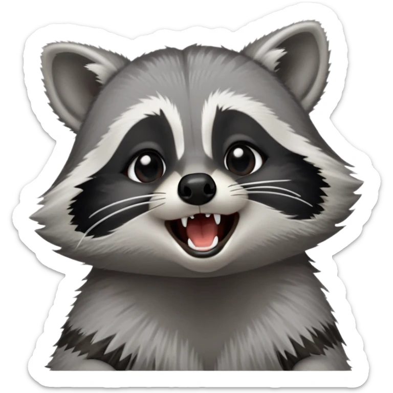Cinematic-cute realistic- Yawning Raccoon-Portrait-Emoji – Poised and confident, wide-open yawn, revealing a soft grey with a sturdy build and a beautifully textured fur of silver-grey accented by dark black facial markings, deep-set, big black eyes, simplified yet sharp and sophisticated zoom out to show shoulders sticker