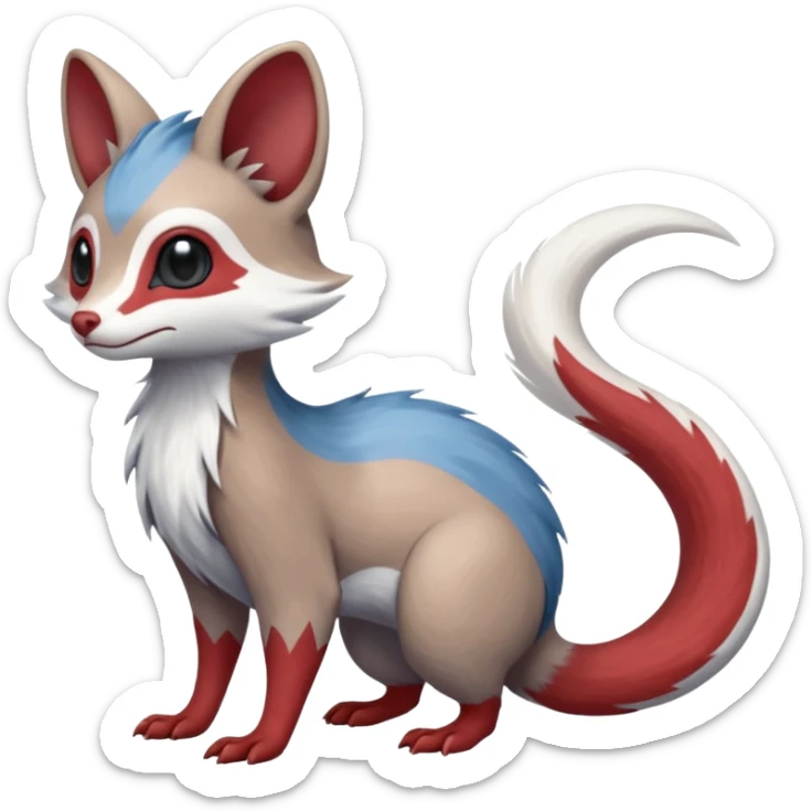 Minccino-Mongoose-Lykoi-Emolga-Pachirisu-Zangoose-fusion-hybrid-animal-Fakémon-creature, full body, thin long sleek scaly tail, intricate markings sticker