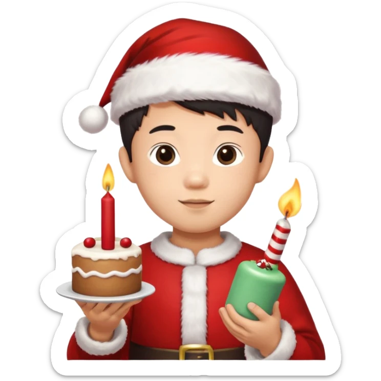 An Asian boy holding a small cake with a candle, Santa Claus in the background sticker