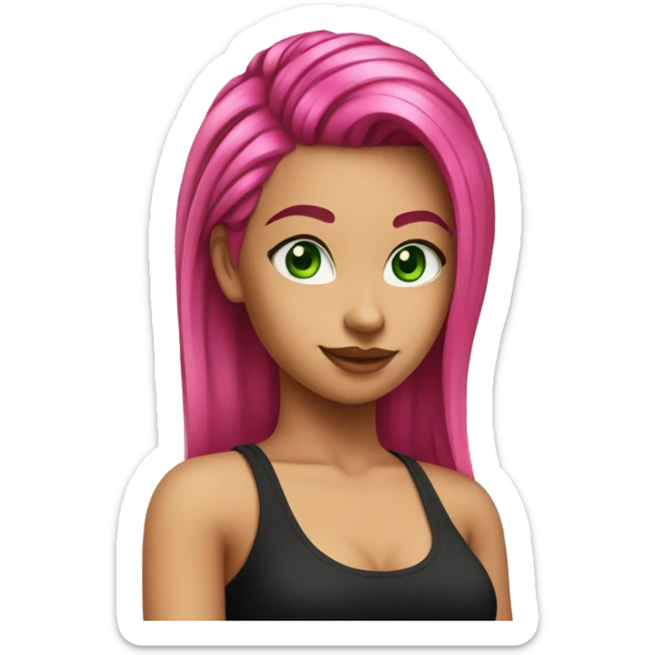 a girl with green eyes and long hot pink hair wearing a black tank top, slicked back hairstyle sticker