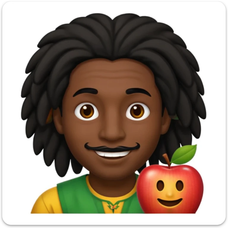 a man with black skin, black hair, black eyes, black eyebrows, black nose, brown lips, and rasta hair, apple emoji style, no text, smiling sticker