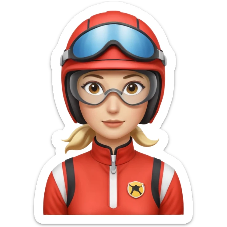 female horse race jockey portrait, head and shoulders only, racing helmet and goggles, sporty uniform collar, confident expression, 3D cartoon, mobile game icon style, clean background, no text, no watermark
 sticker