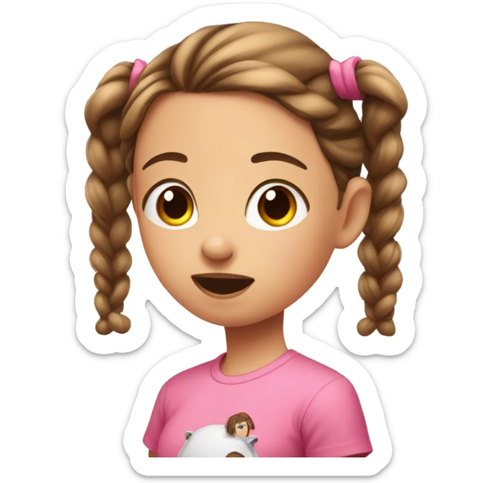girl with two brown pigtails in pink t-shirt sends an air kiss sticker
