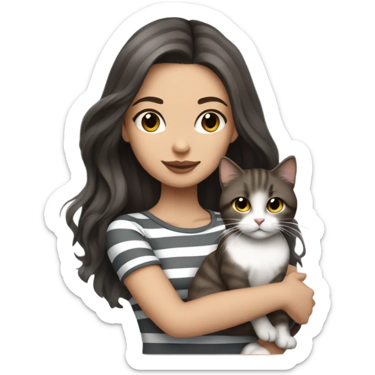 Beautiful dark brown haired tattooed woman holding gray and white striped long hair cat sticker