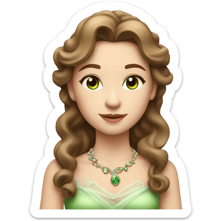 girl with brown hair. they are beautifully styled in a light wave. A small tiara in her hair. The eyes are green. The face is slightly rounded. The girl is dressed in a delicate and elegant carpet. Decoration on the neck and earrings in the ears

 sticker