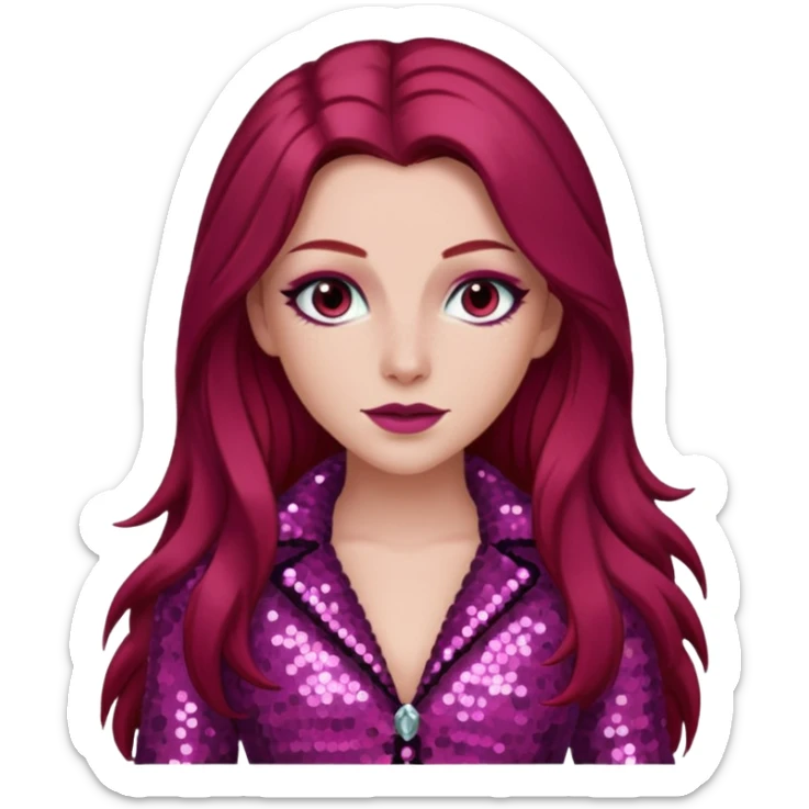 Chappell Roan (b.1998) with long dark red hair, dark pink sequin outfit, makeup sticker