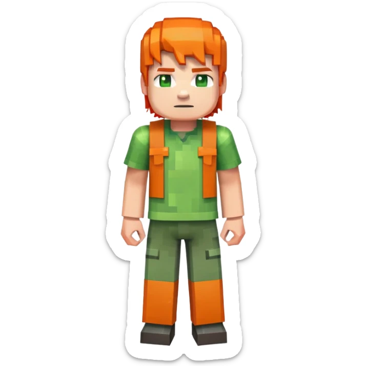 Minecraft Alex character full body with orange hair and green outfit, pixelated blocky style sticker