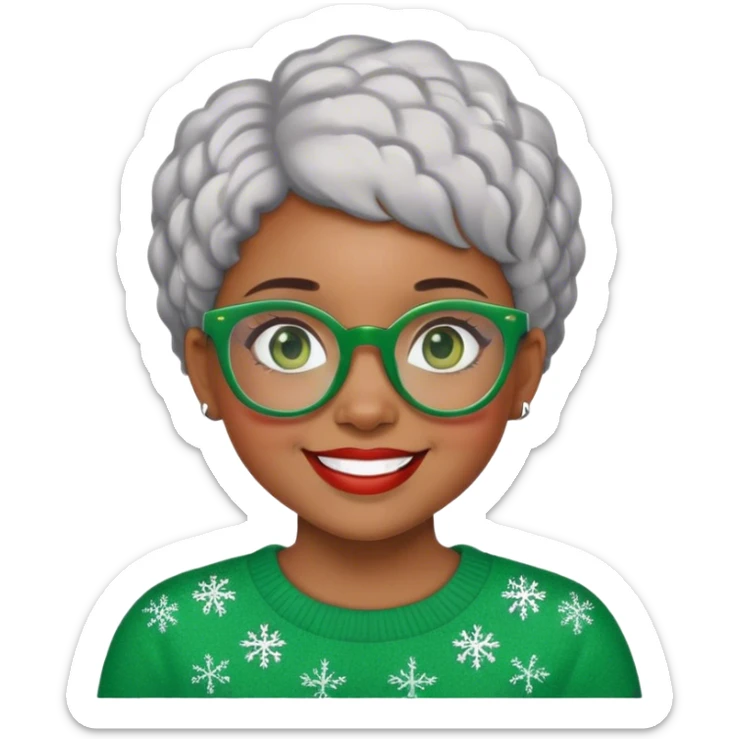 Light skinned Black girl with green glasses short natural gray haircut celebrating Christmas sticker