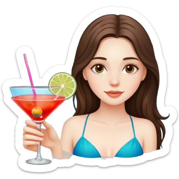  beautiful pale brunette girl with long hair relaxing in the pool with a cocktail  sticker