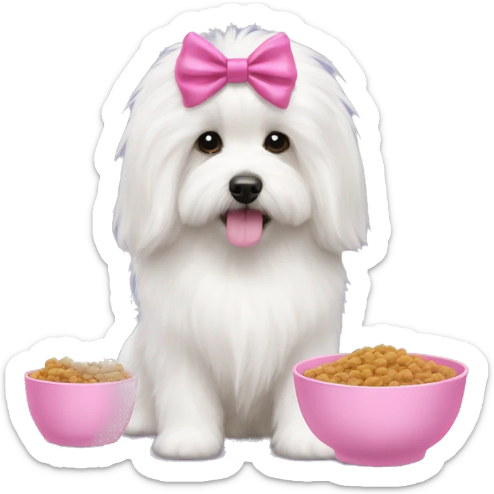 Long haired Coton de Tulear dog with pink harness and pink hair bow, pink dog bowl with kibbles sticker