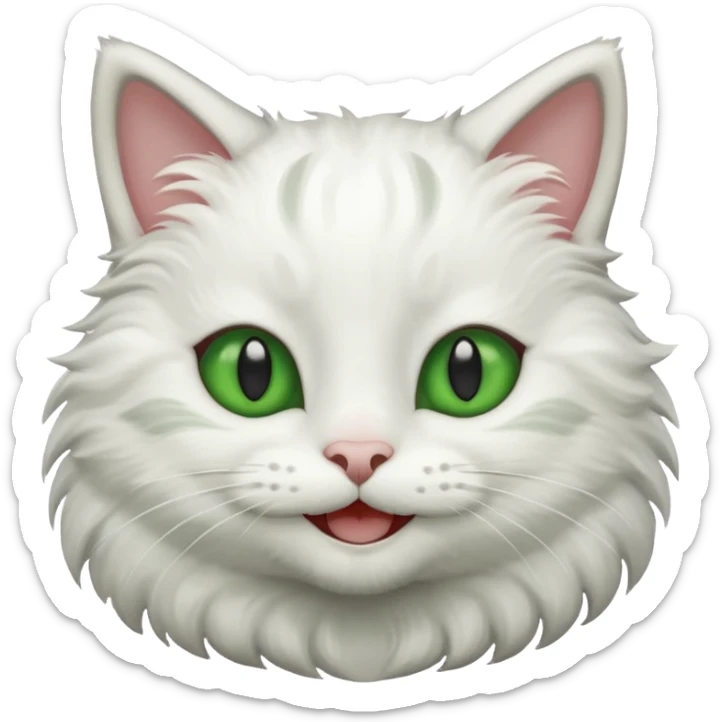 Realizar emoticonon de gato blanco con gris solo carita sonriendo muy feliz ojos grandes de color verde sticker