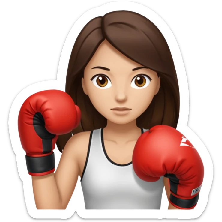 An woman with long dark brown hair in boxing gloves and light brown eyes sticker