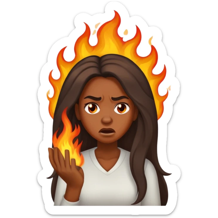 African American woman with long hair, frustrated face expression, with her hair on fire sticker