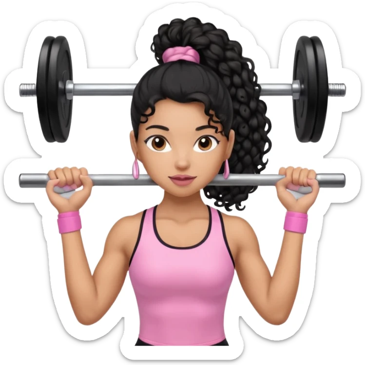 Mixed-race athletic woman with caramel skin, long black curly hair in a ponytail, lifting a pastel pink barbell sticker