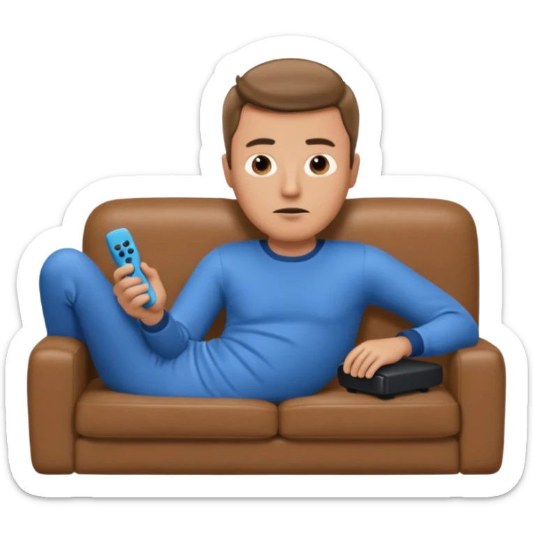 male memoji, lazy man in pajamas, lying on couch, holding TV remote, relaxed bored face, casual home vibe sticker