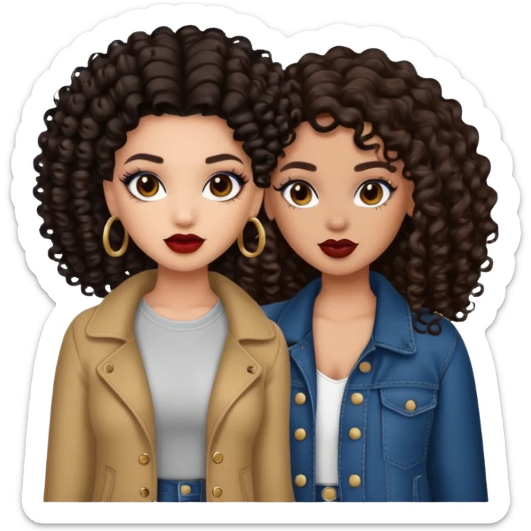 Boujy baddie best friends, trendy heavy makeup both dark hair one light skinned and one light brown and add curls  sticker