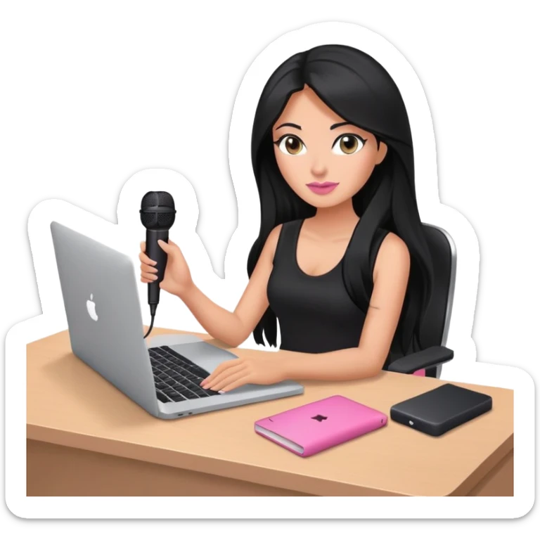 tanned long black hair woman, sat at desk with pink MacBook and  podcast microphone black top and pink, sexy sticker