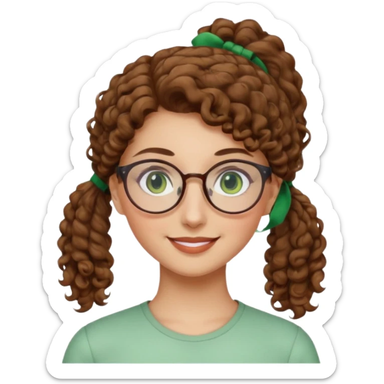 iranian woman, tight curly light brown hair in one high pony tail, glasses, green eyes, pretty, oval shape face, no hajib sticker