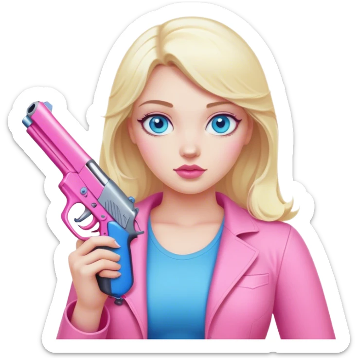 curvy pale Blonde girl with blue eyes holding a pink gun sticker