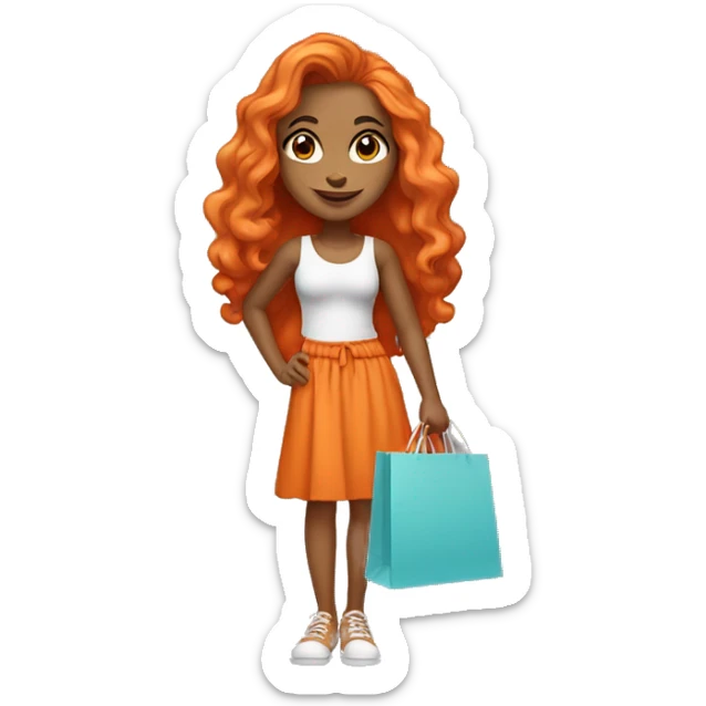 Tan girl with long orange hair wearing cute outfit holding shopping bags sticker