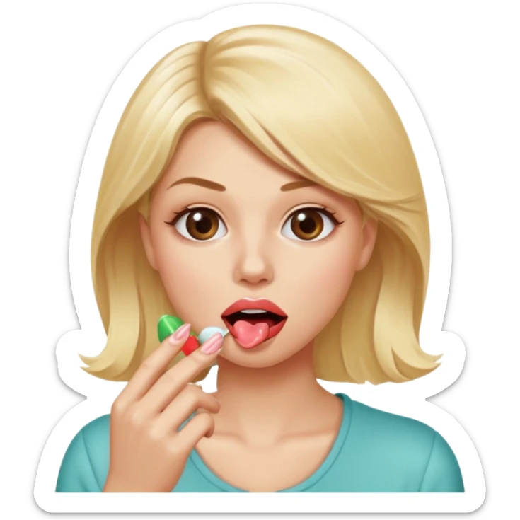 Elle fais une peu petasse, elle se mord le coin de la lèvres. Elle est blonde. Ongles vernis marrons. Elle mâche un chewing-gum  sticker