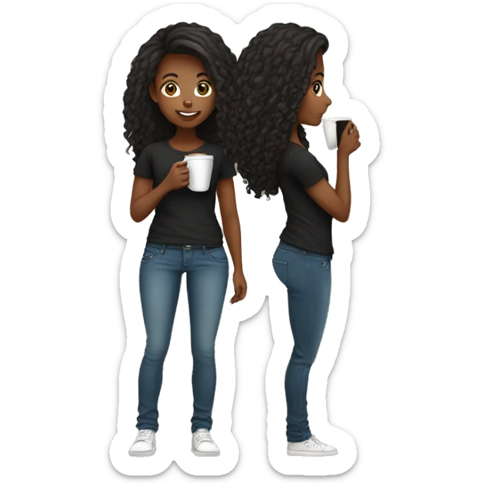 African American female with long hair talking on cellphone and holding a coffee wearing black shirt and jeans full length chibi sticker