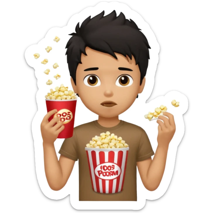 generate a pretty tan bratz boy with a brown tshirt on. eating a popcorn. messy black hair sticker