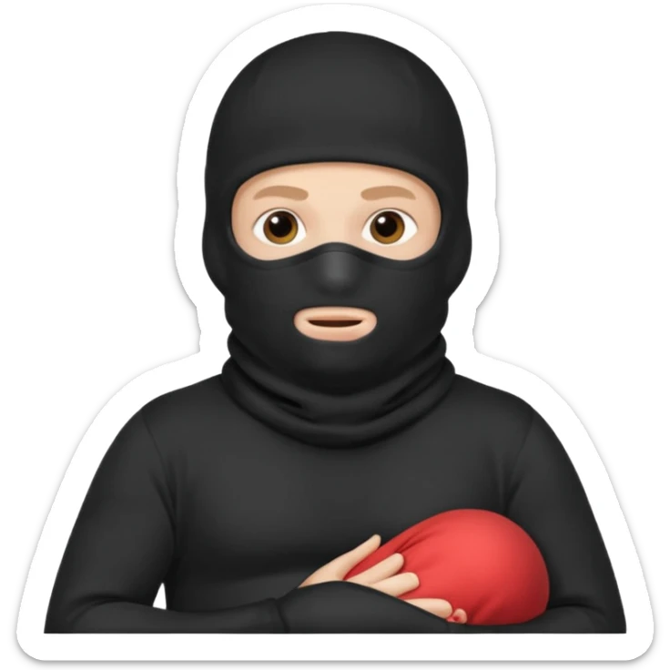 a man who is pregnant and wears a balaclava in his face and we can see his stomach who is bulging and pregnant sticker