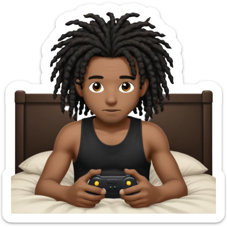 my black boyfriend in his bed with a black singlet on playing video games black curly dreadlocks  sticker