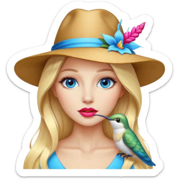 bust woman long blonde hair blue eyes white skin with hummingbird hat and nectar glow lips sticker