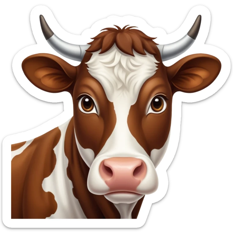 cinematic-noble-brown-and-white-cow-portrait-emoji,-poised-and-regal,-with-a-large,-sturdy-build-and-a-beautifully-patterned-hide-of-rich-brown-accented-by-crisp-white-patches,-deep-set-soulful-brown-eyes,-simplified-yet-sharp-and-sophisticated sticker