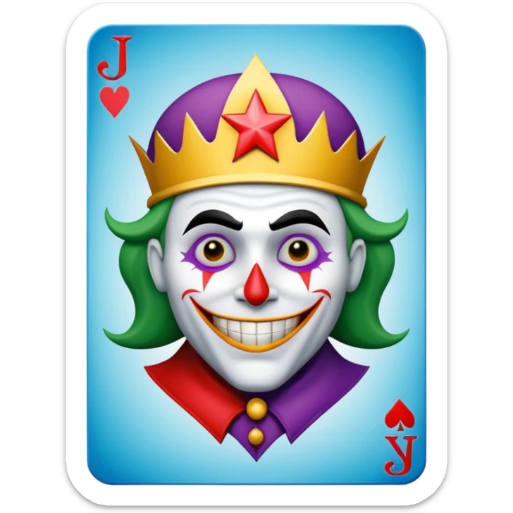 1 poker card, perfectly squared card, with crazy colorful human jolly joker inside, star symbol with a "J" sticker